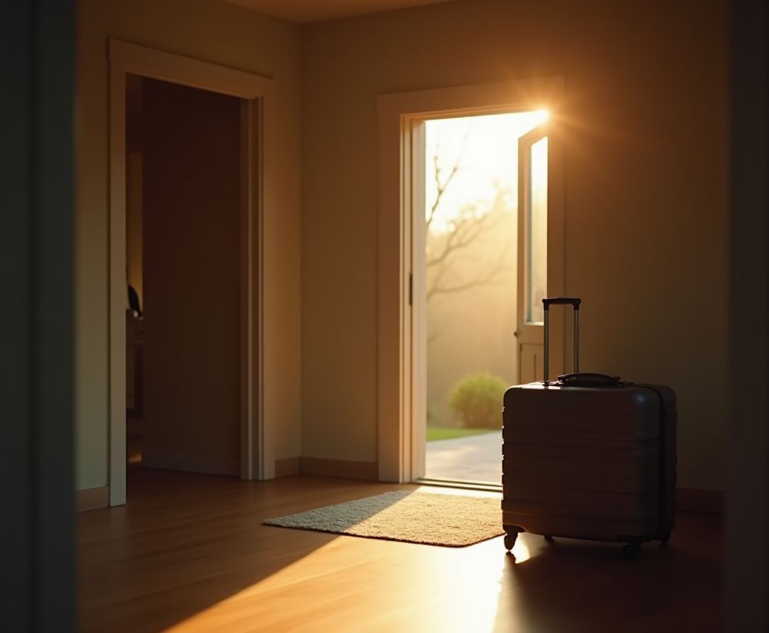 Suitcase by the front door representing separation