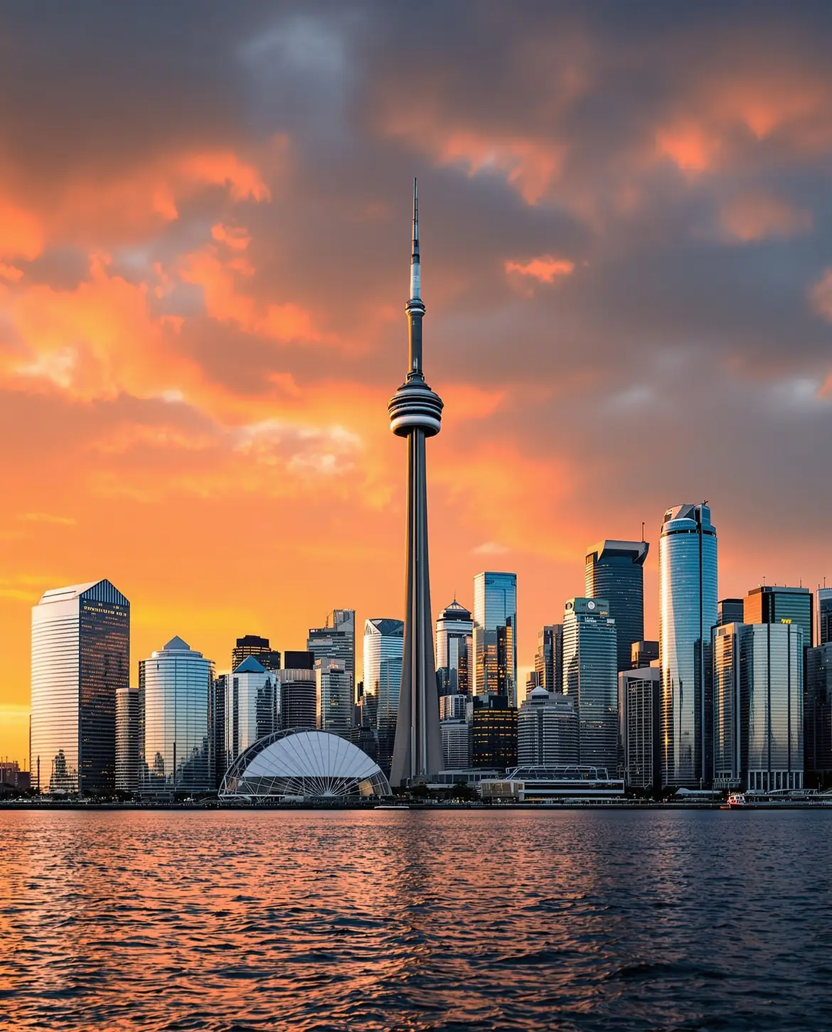 Toronto skyline with the CN Tower at sunset