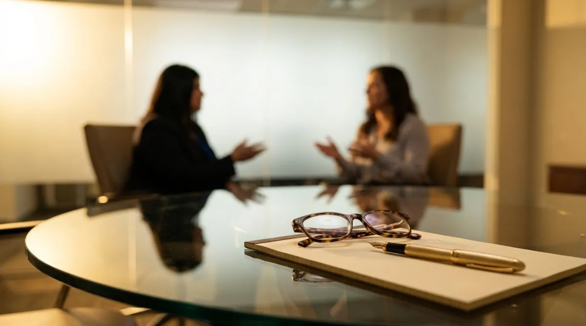 Two women talking across a glass table in an office