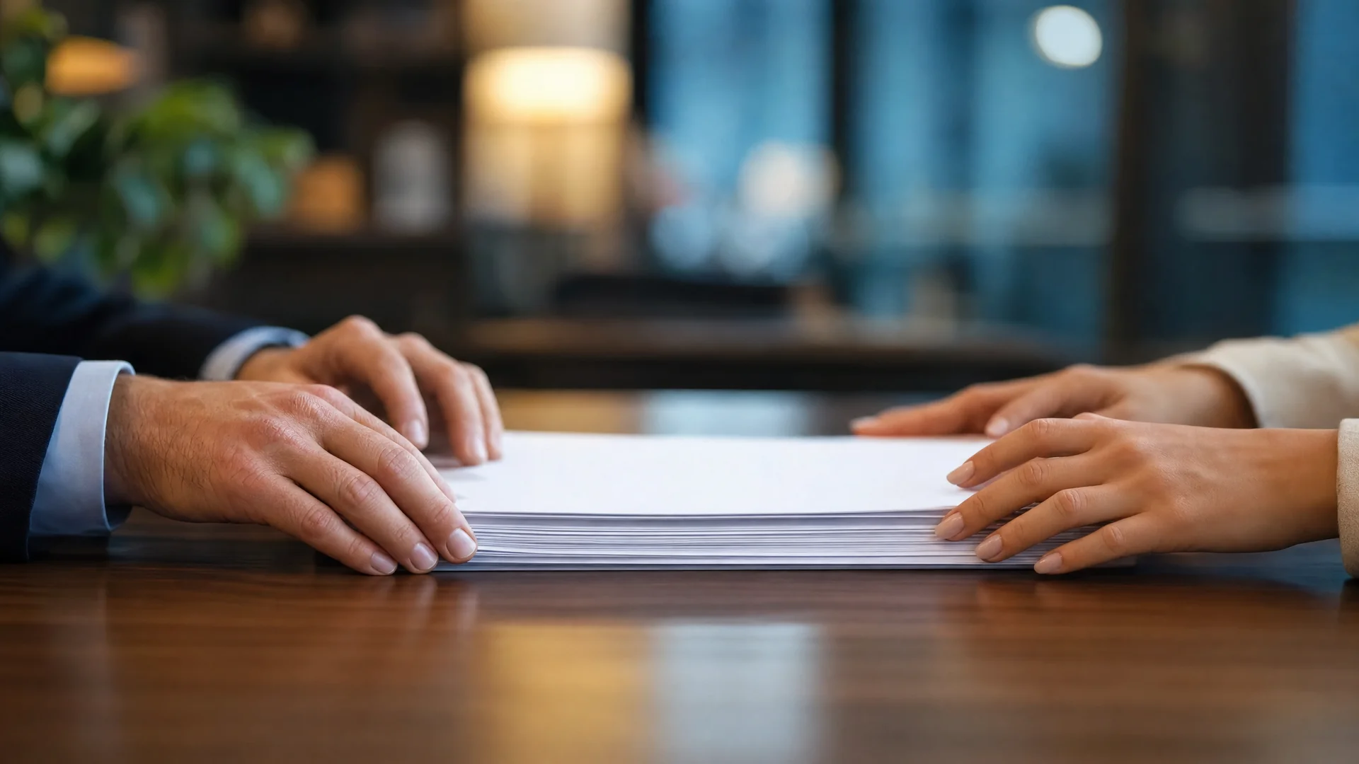 Two people's hands on a desk with a stack of papers between them