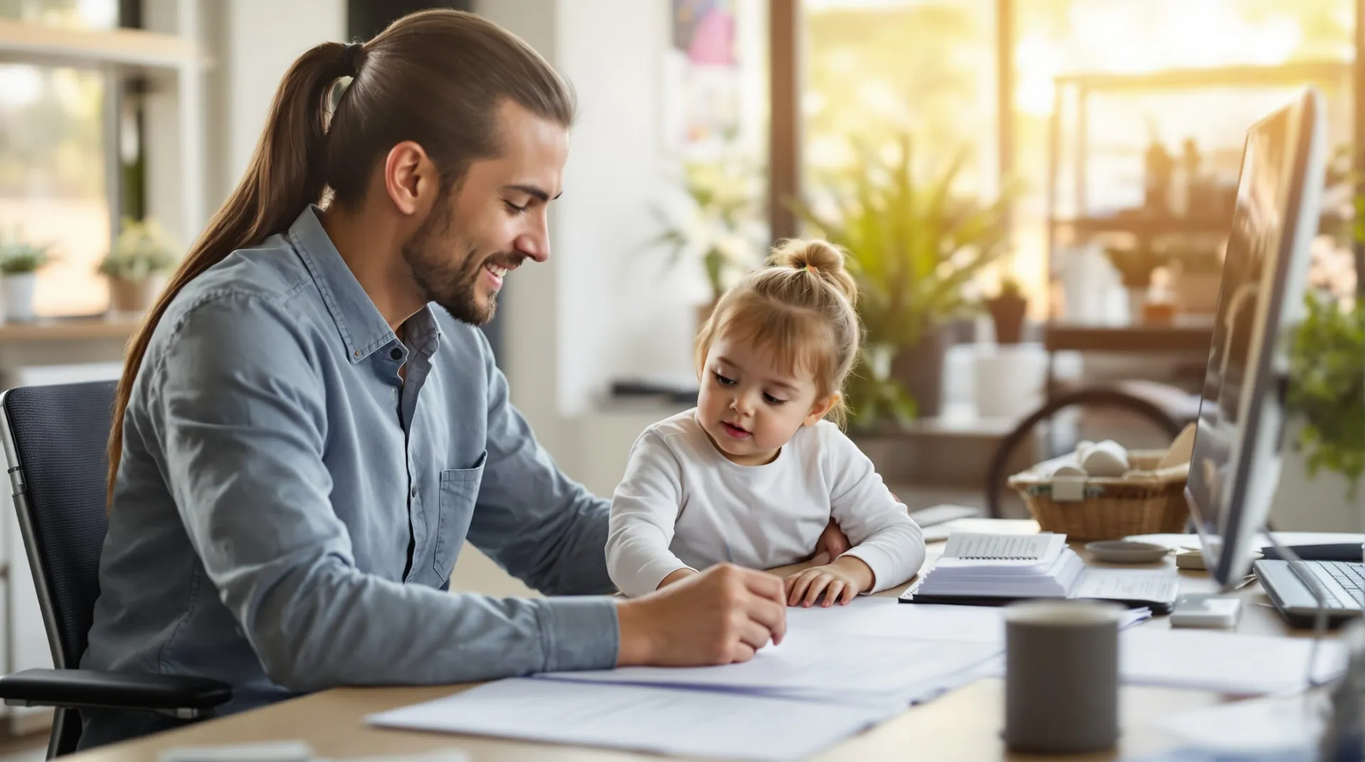 Father helping a young girl with schoolwork at a desk