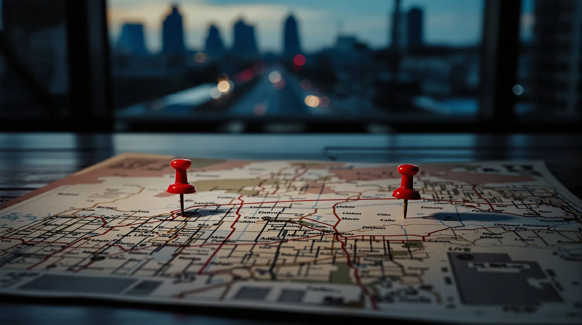 Map showing distance between two locations with pins and string