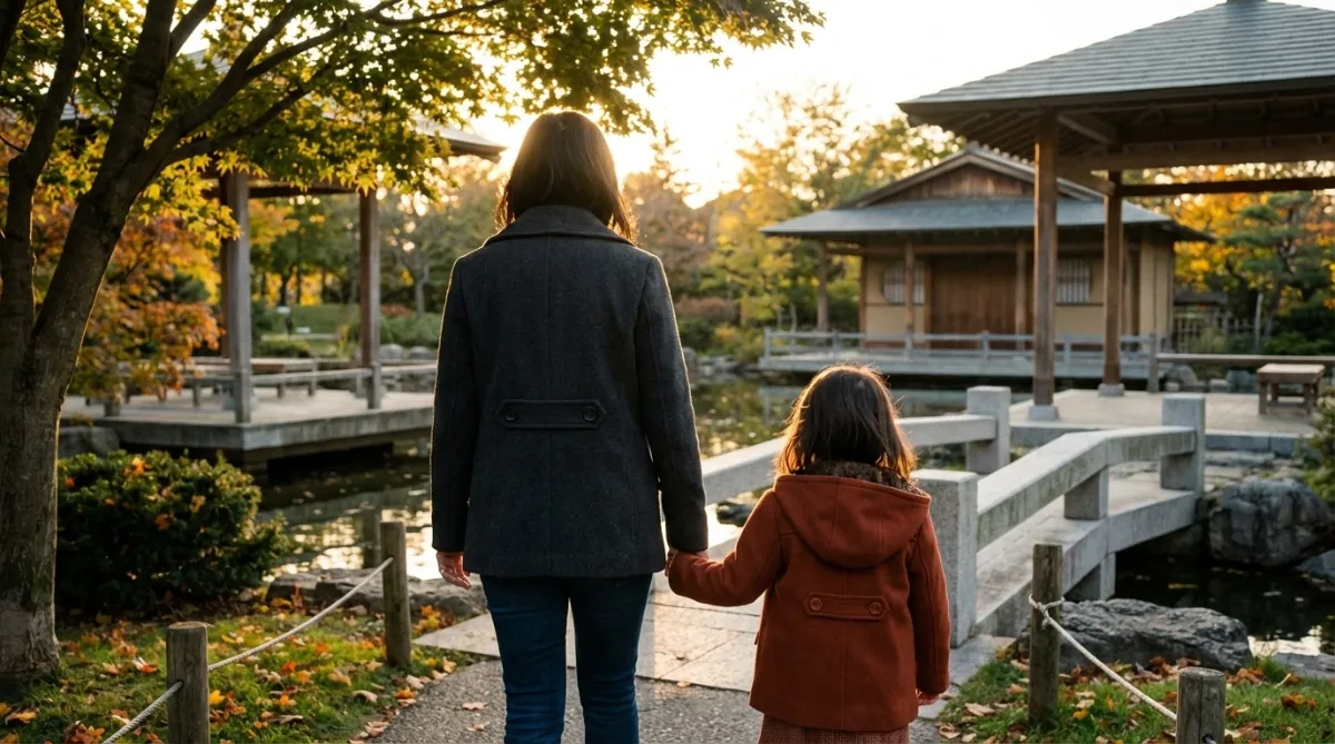 Woman and child walking hand in hand in a park with a pavilion