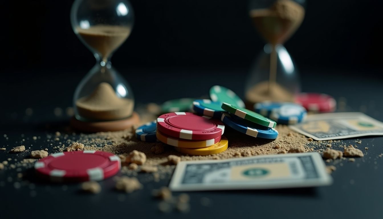 Casino chips and shredded credit cards representing asset dissipation