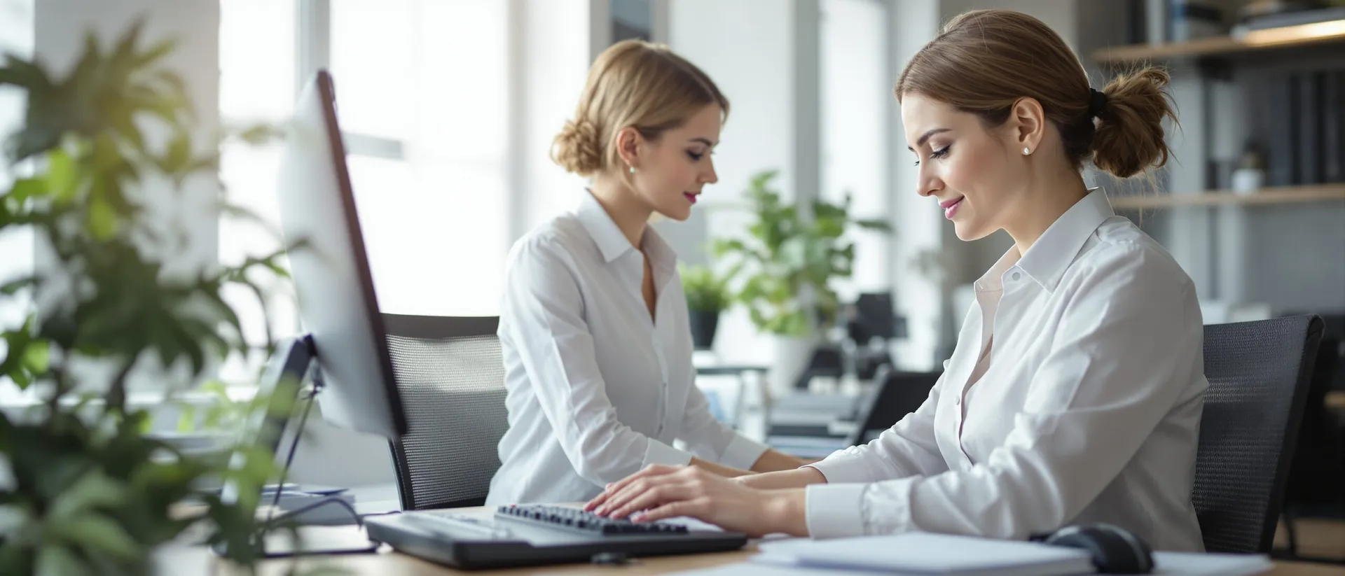 Two women working together at a computer in an office